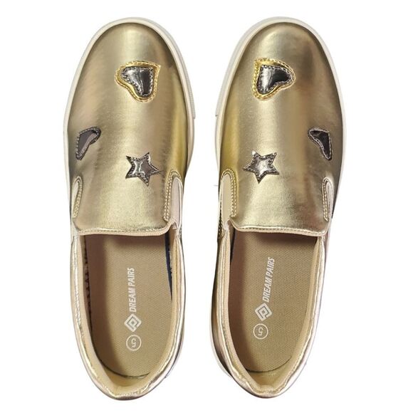 NEW Metallic gold sneakers with shiny heart & star embellishment / Womens 5 Shoe - Picture 5 of 9